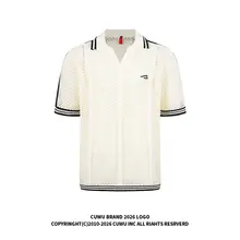 夏用VネックポロTシャツ【ニット生地・短袖・リラクシーなシルエット・透かし編みデザイン】