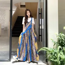 グラデーションブルーのサロペットパンツ【夏用・ワイドレッグ・女性用】（セットアップ対応）