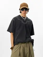 半袖Tシャツ メンズ コットン100% クルーネック ゴシック 棘モチーフ ウォッシュド加工 オーバーサイズ 厚手 アメリカン風 夏 「JHYQ」