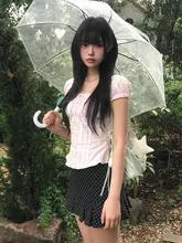 小柄向け甘かわいいデザイン！ピンクのパフスリーブシャツとドット柄プリーツスカート【セットアップ対応】