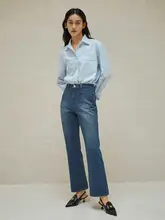 デザイン性のある梨形シルエットのフレアデニムパンツ【ヴィンテージブルー・ダブルポケット】