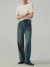 高腰バナナデニムパンツ【秋春用・ワイドレッグ・快適なストレートシルエット】（セットアップ対応）