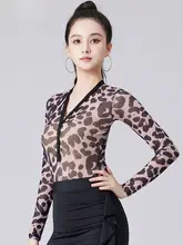 ラテンダンスウェア 大人用 セクシーVネックヒョウ柄 モダンダンストップス【国標トレーニング用】