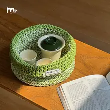 ラフィア草製 手編み収納バスケット【デスクトップ装飾・化粧品やおもちゃの整理用】