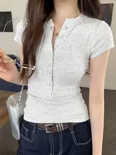 浅灰色 ヘンリーネック半袖Tシャツ【女性用・スリムフィット・夏用】