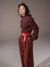 中華風赤色 羊毛ニットトップス【ストレートショルダー・ウエストベルト付き】とロングパンツ（セットアップ対応）