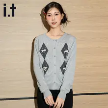 リボン付きダイヤモンド柄ニットカーディガン【ゆったりとした秋用・女性用】（セットアップ対応）