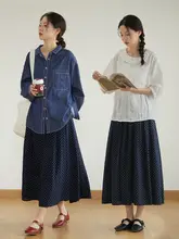 オリジナルデザインの小花柄ブルー半身スカート【夏用・Aライン・ミドル丈・ウエストゴム】