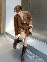 コーヒー色のレトロな美ラードスカート【秋用・ショートジャケット・プリーツスカート】（セットアップ対応）