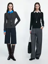 初秋にぴったり！バイカラーPolo衿デザインのニットトップス【100%ウール・スリムフィット・女性用】（セットアップ対応）