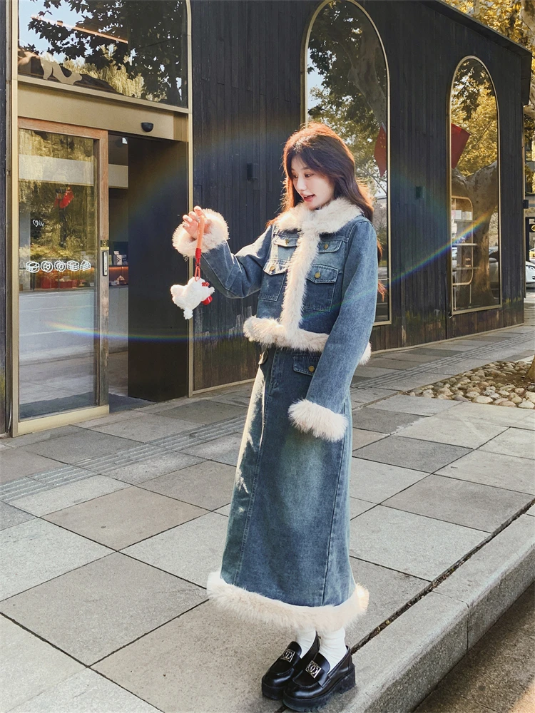 厚手保温デニムボアトップスとスカート：冬用女性向けの高級感デザインセットアップ
