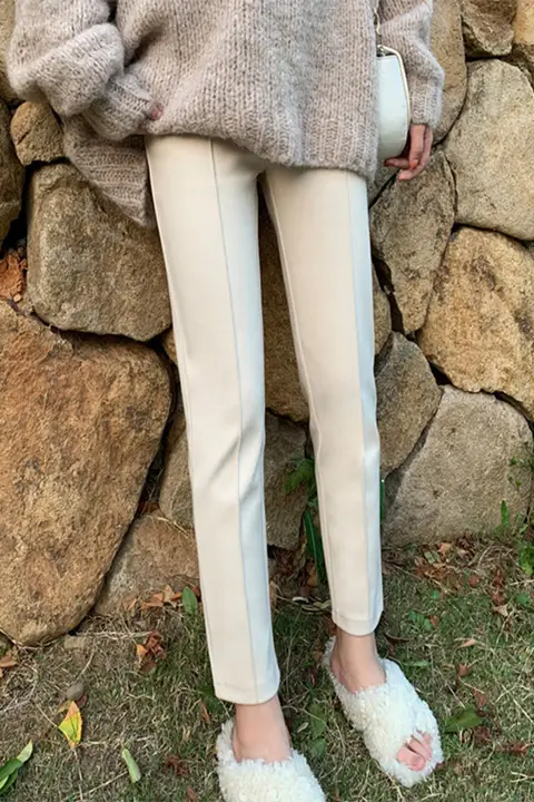 高腰毛織りパンツ【スリムフィット・カジュアル・レトロデザイン・九分丈】（セットアップ対応）