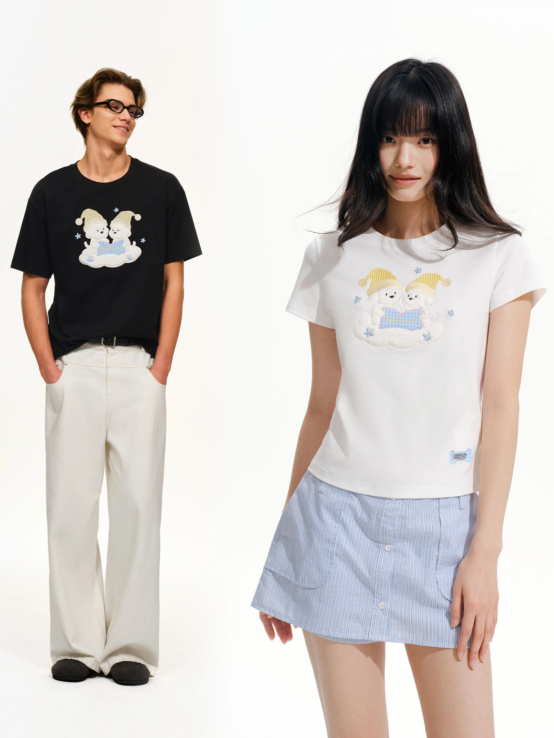 犬デザインのラウンドネックTシャツ：PSO Brandのブランドロゴが特徴的な小清新スタイル