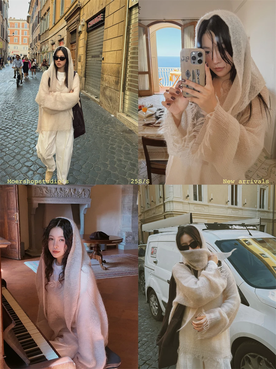 モールニットの特徴と実用性：ラフな雰囲気のフリンジ付きモヘア丸首ニットトップス