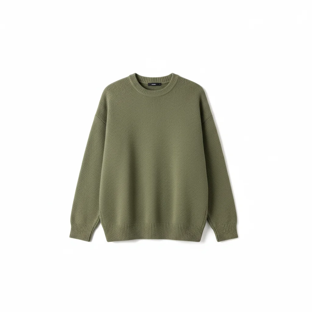 苔グリーンのクルーネックニット