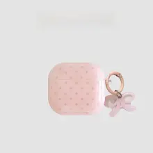 AirPods Pro用保護ケース【可愛いピンク・ドット柄・リボン付き・シリコン製】