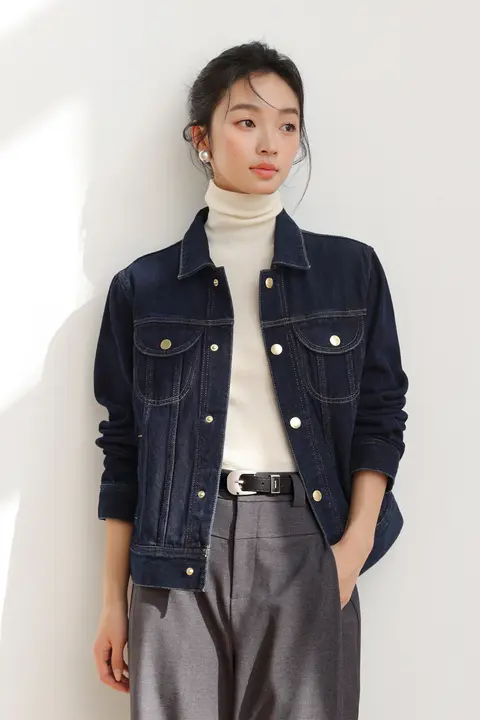 牛仔棉カラー切り替えデザイン ジャケット【女性用・ポケット付き・秋向け】