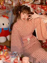 粉色チェック フェルトハート 二部式和服【旅撮影・コスプレ・日本風ワンピース】（セットアップ対応）