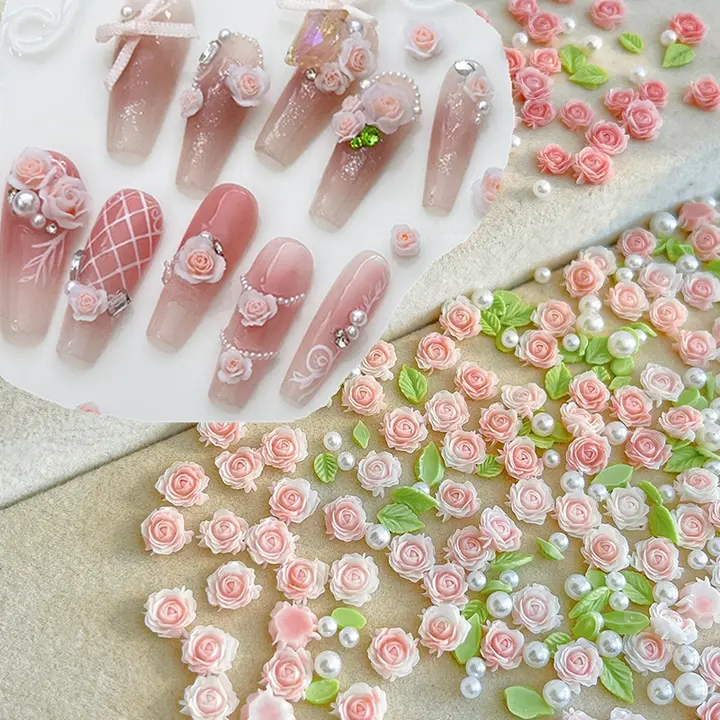 月季とバラのネイルアクセサリー【ピンク・立体花・樹脂・山茶花・緑の葉】