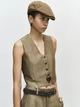 光沢感のあるリネン製ノーカラーカーディガンジャケット【モダンデザイン・ビジネスカジュアル】