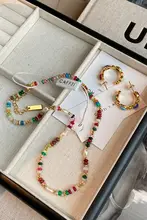 天然パールとカラフルなトルマリンビーズのレインボーニットネックレス【女性用・秋のアクセサリー・ロングネックチェーン】