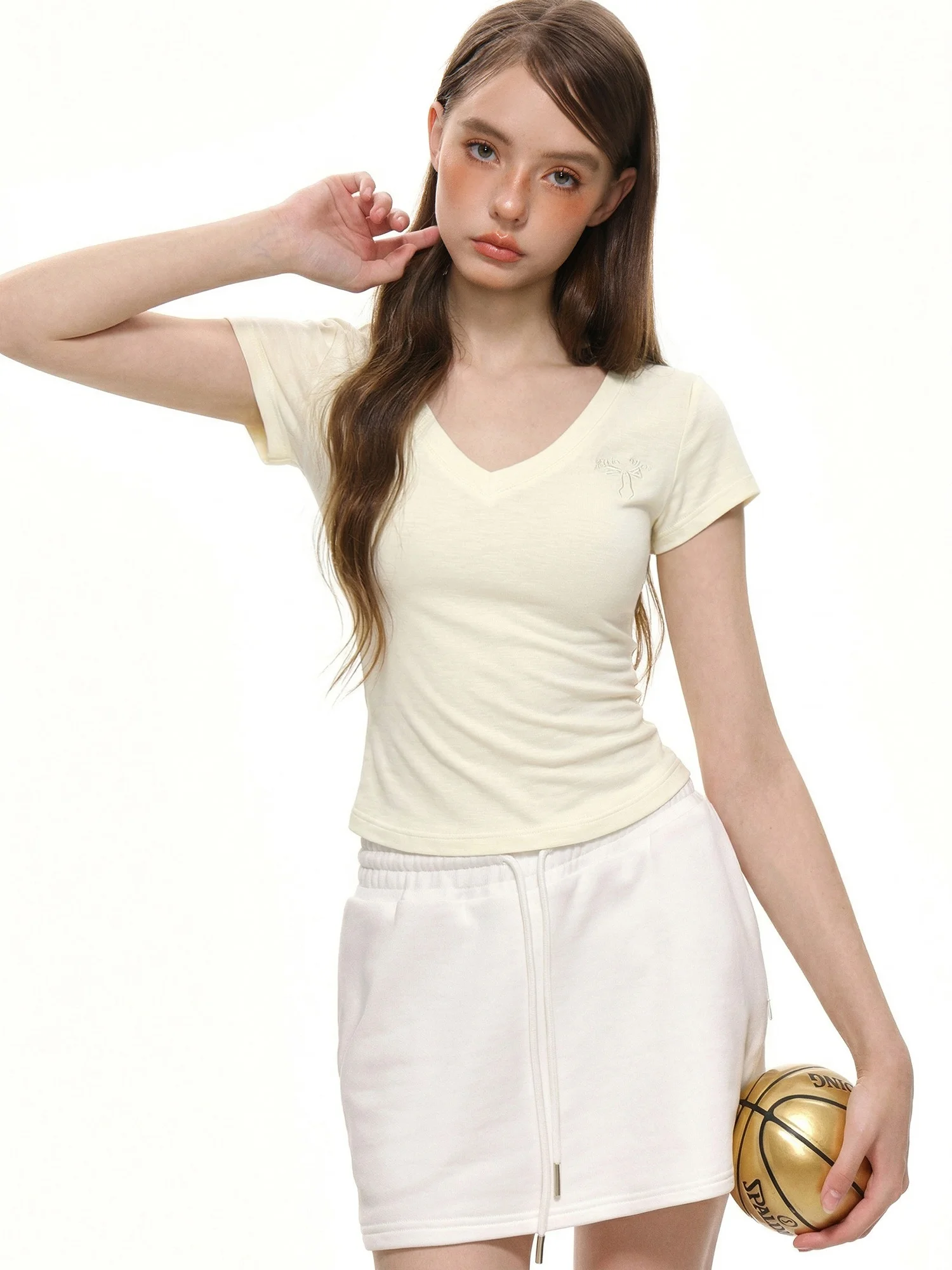 Vネック短袖Tシャツ【女性用・無地・ウエスト絞り・夏用】