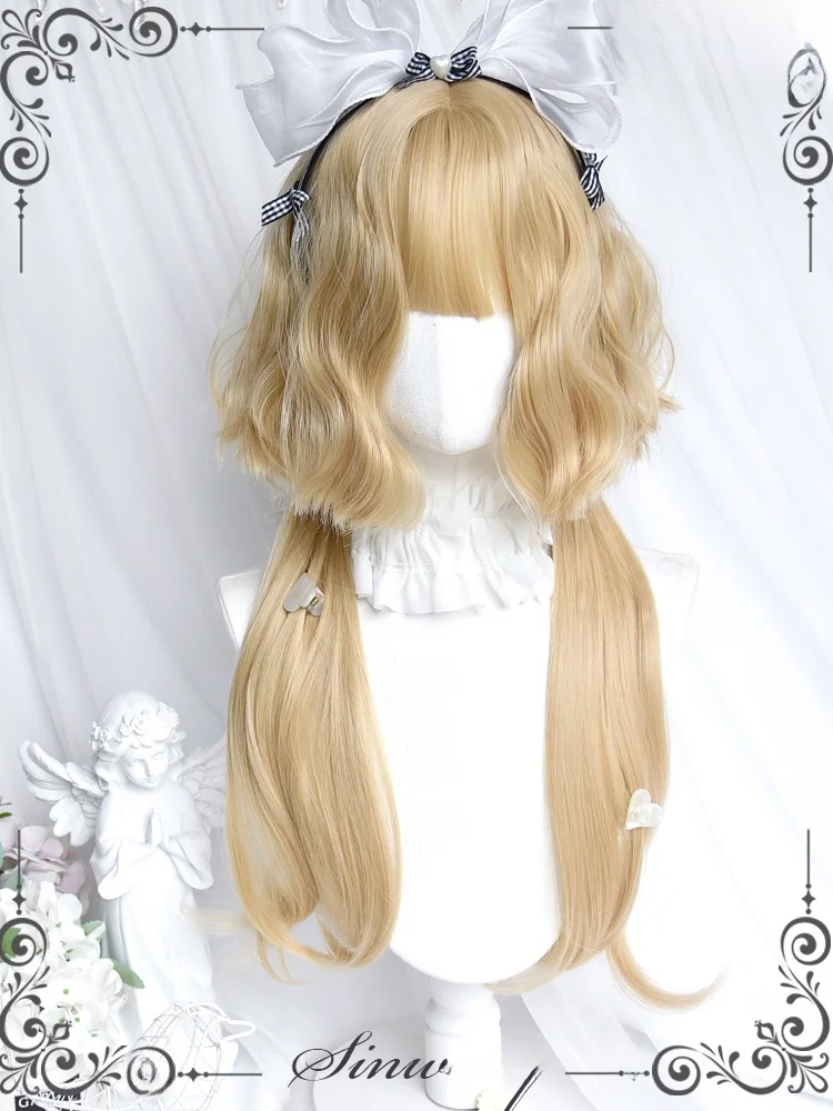 かわいい金茶色のショートカールウィッグ：ロリータスタイルに最適な取り外し可能なヘアカーテン