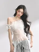 透け感のある肩出しデザインの短袖メッシュTシャツ【女性用・夏用・軽やか】