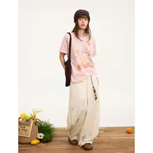 植物モチーフのコットンTシャツ【クラシックラウンドネック・二重層・ドルマンスリーブ・レディース】