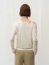 斜め肩デザインの長袖Tシャツ【リネン混素材・秋用・シャーリング・肌触り良好】（セットアップ対応）