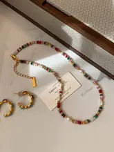 天然パールとカラフルなトルマリンビーズのレインボーニットネックレス【女性用・秋のアクセサリー・ロングネックチェーン】