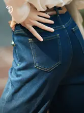 フィットのヴィンテージ風ストレートデニムパンツ【裏起毛・秋冬向け・翻端デザイン】