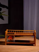 楠竹製 二段ティーカップスタンド【ガラス棚付き・収納用・多層ディスプレイラック】