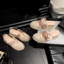 羊革製 夏用オープントゥサンダル【レース・メッシュ・通気性・厚底・草編みデザイン】