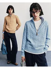 メリノウールとカシミヤのハーフジップニットセーター【クラシックデザイン・ケーブルニット】