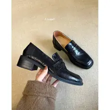 本革製レトロローファーシューズ【女性用・粗めヒール・ソフトラムスキン・通勤にも最適・イギリス風】