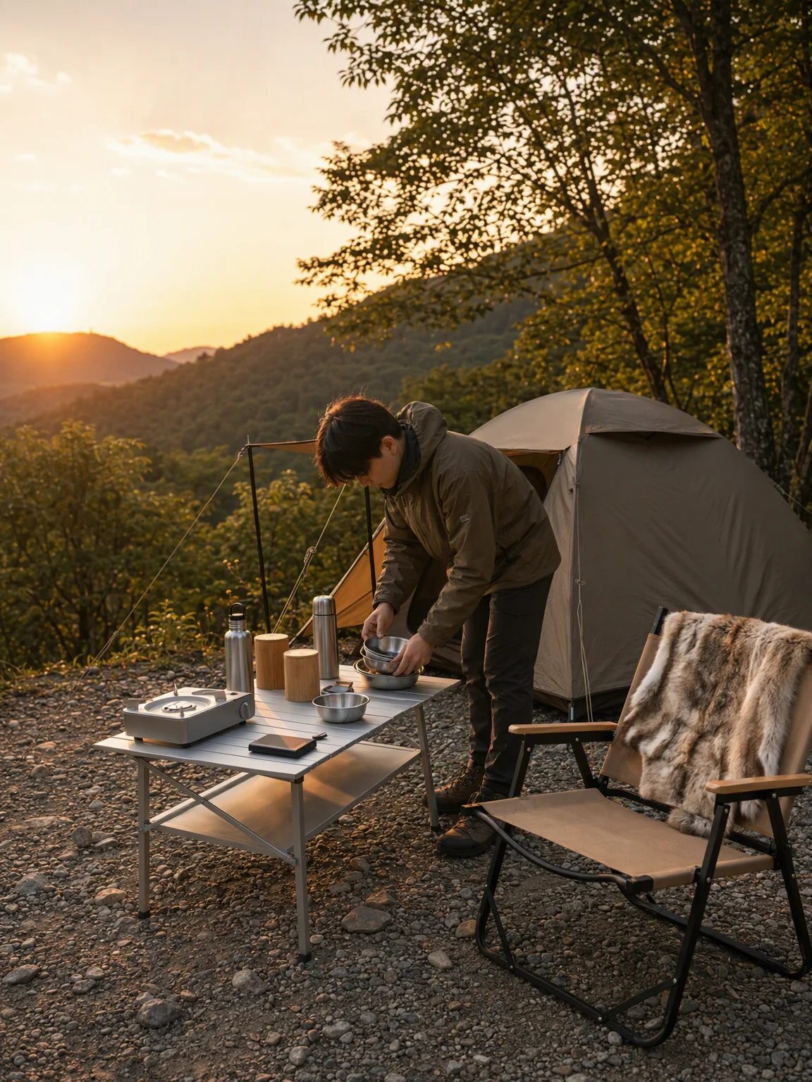 日が落ちる前に食器を重ねて整えておく時間も、私はわりと好きです。夕方は景色がきれいでも冷えてきやすいので、動けるうちに片づけを進めておくとあとが楽です。このくらいのテーブルと椅子の組み合わせなら作業の場所を取りすぎず、必要な道具をさっとまとめられます。ボトルや器を手の届く範囲に置けるだけで流れがよく、最後まで気持ちよく過ごせます。静かな景色を見ながら、長く使える道具はやはり便利だと実感する場面です。