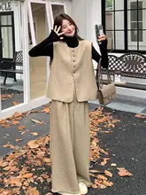 カーキ色の感ある秋の女性向けコーディネート【クラシックデザイン・ヴィンテージ風ベスト・ワイドパンツ】（セットアップ対応）