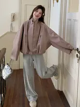 春秋用の短丈フード付きピンク合皮ジャケット【独特なデザイン・女性用・おしゃれ】