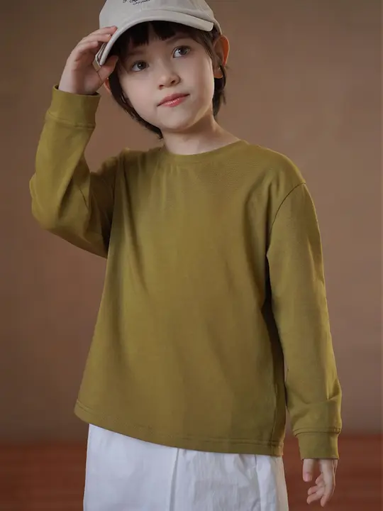 春秋用 子供向けグリーン長袖Tシャツ【伸縮性のあるニット・クルーネック】
