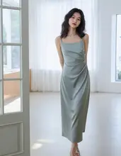 BELIN 薄荷グリーンのロング＆ショート丈ノースリーブドレス【ウエストシェイプ・プリーツ・夏用】