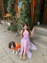 美しいデザインのフラワープリントキャミソールドレス【夏のビーチリゾート・バックオープン・ハイネック】
