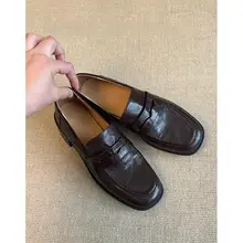 本革製レトロローファーシューズ【女性用・粗めヒール・ソフトラムスキン・通勤にも最適・イギリス風】