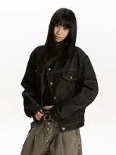 高級感あるブラックデニム立襟ジャケット【斜めファスナー・女性用・ハードな短丈】