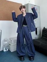 秋用 クルーネックジーンズジャケット【ジッパーデザイン・ラウンジパンツ・大口袋】（セットアップ対応）