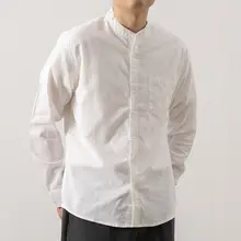 春夏向けのシンプルな無地リネン立襟長袖シャツ【通勤・透湿性】