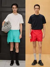 トレンド感満載のリゾートスタイル！レッド＆グリーンショートパンツ【ウエストベルト付き・シンプルデザイン】（セットアップ対応）