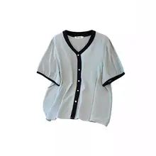 Vネック雪纺シャツ【夏用・ゆったりサイズ・短袖・体型カバー】