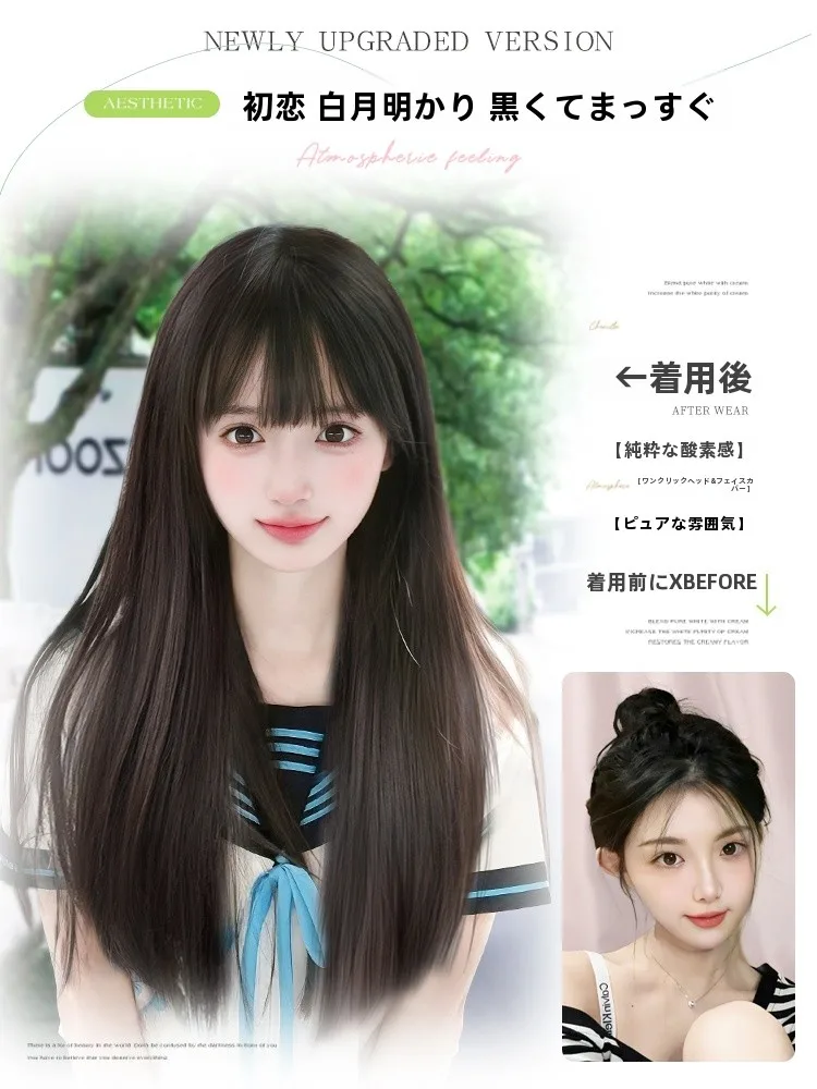 ヘア アレンジ ロング 簡単 大人向け フルカバーウィッグ ブラック ロングストレートバング
