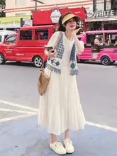 休暇スタイルのパフスリーブワンピースとレースフリンジベスト【春夏 用・華やかなデザイン】（セットアップ対応）